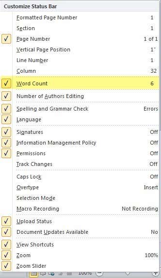 word 2010 status bar