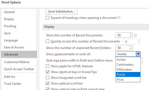 Change Measurement Units in Microsoft Word