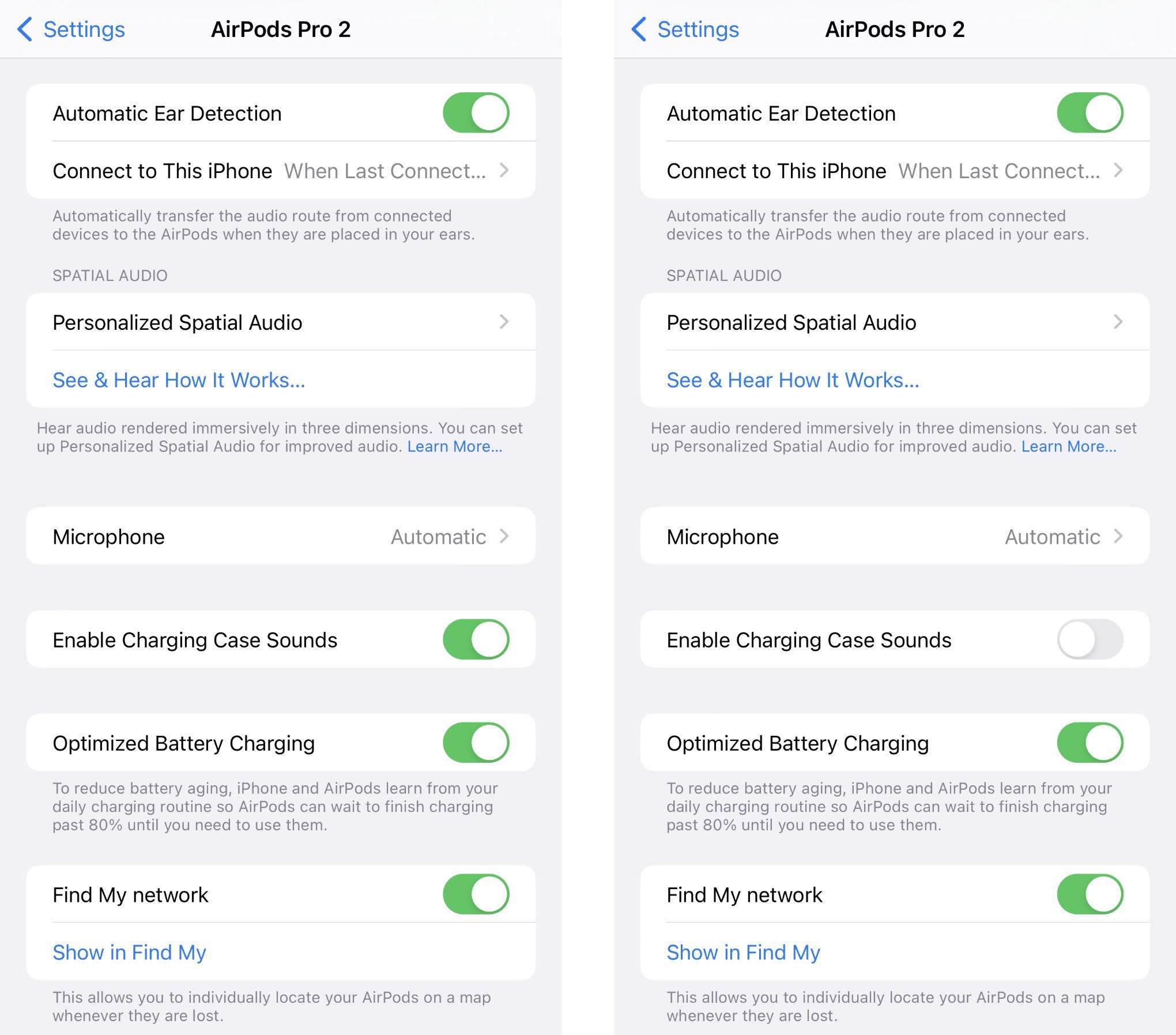 An image of the AirPods menu in iOS settings displaying the “enable charging case sounds” option.