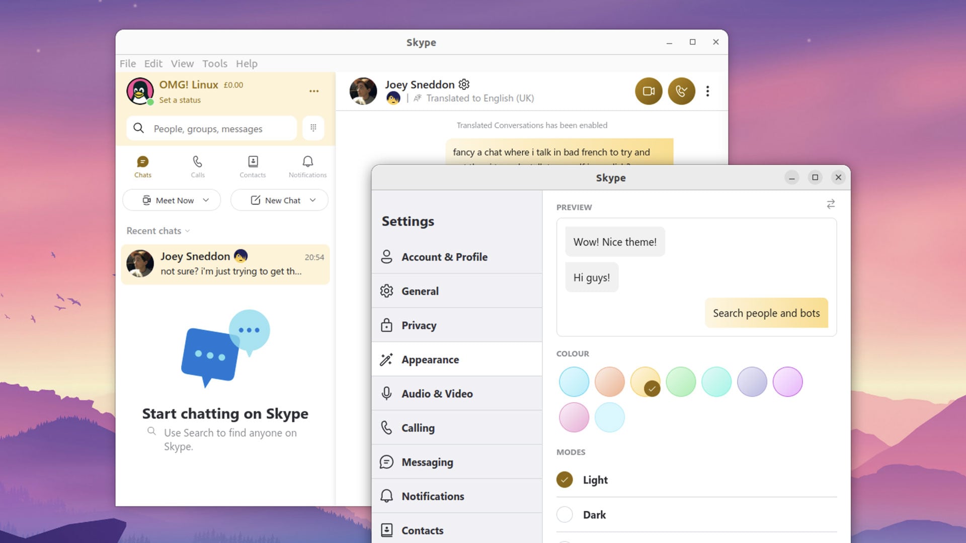 Screenshot of Skype's new appearance colour accents in the Linux app