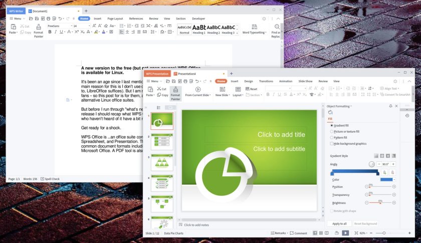 screenshot of WPS Office for Linux showing the Writer and Presentation applications