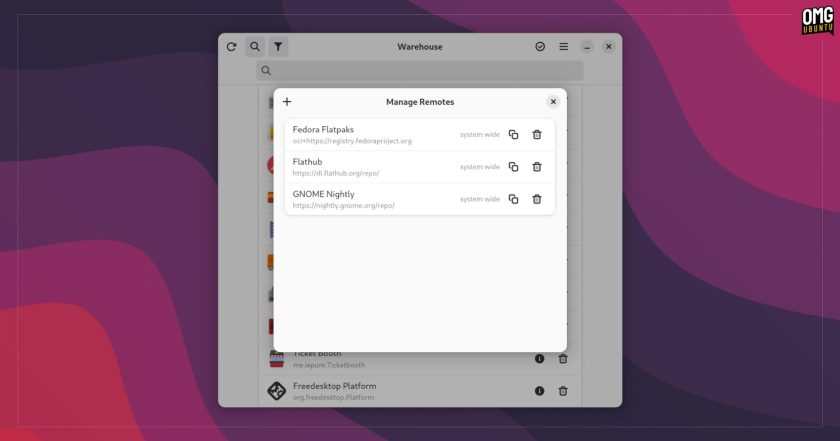 Flatpak manage remotes in Warehouse Flatpak app