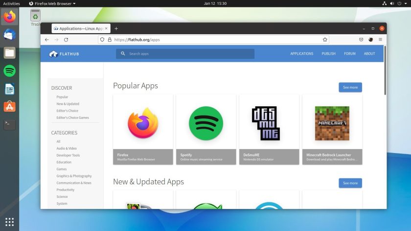 a screenshot of Flathub open in Firefox browser on Ubuntu 20.04 LTS