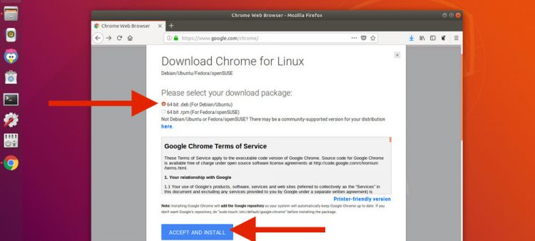 Google Chrome download page with arrows pointing out key parts