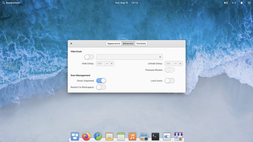 a screenshot of plank dock's behaviour settings in elementary OS