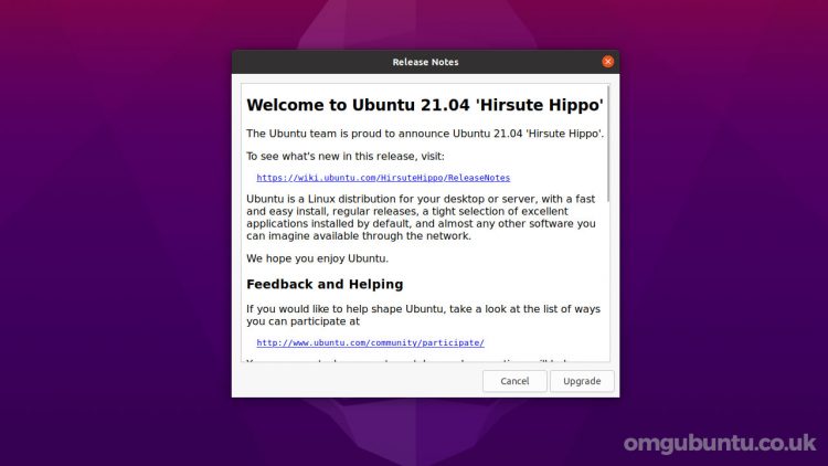 Ubuntu 21.04 upgrade: release notes prompt