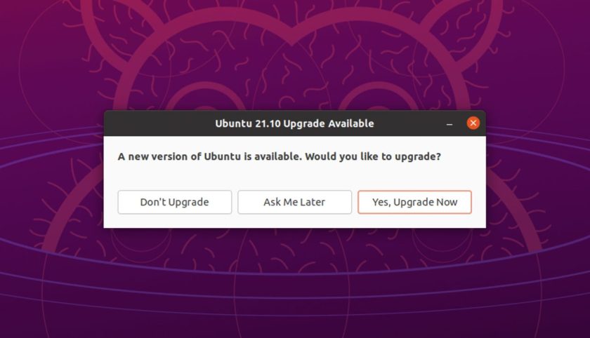 a screenshot of a dialog that says "ubuntu 21.10 upgrade available"