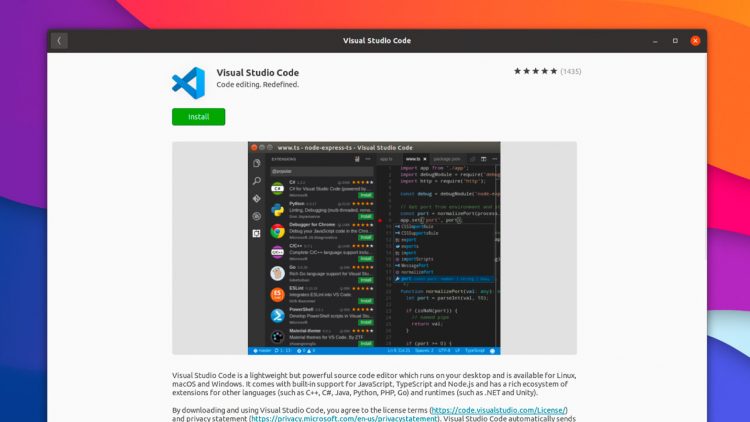 screenshot of visual studio code on the snap store