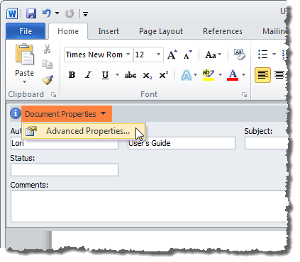 Selecting Advanced Properties in Word 2010