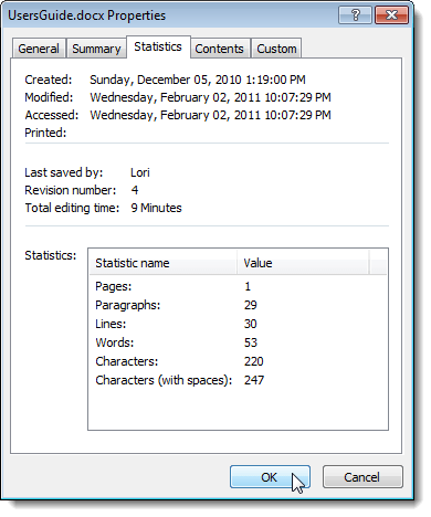 Properties dialog box in Word 2010