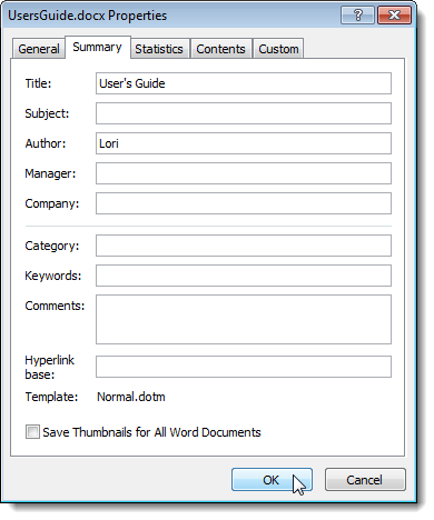 Summary tab on the Properties dialog box