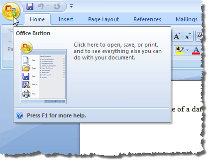 Clicking the Office button in Word 2007