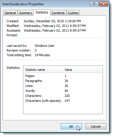 Properties dialog box in Word 2007