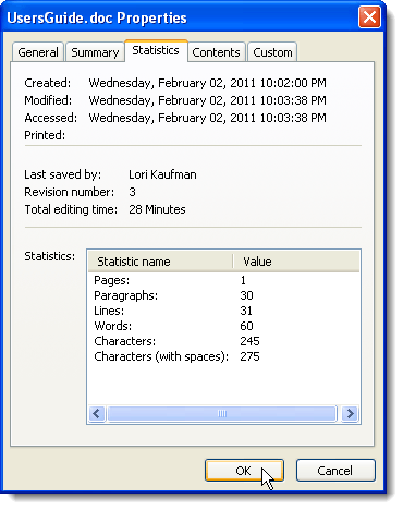 Properties dialog box in Word 2003