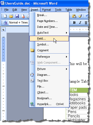 Selecting Field from the Insert menu in Word 2003