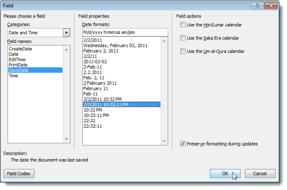 Selecting SaveDate field name and the Date format