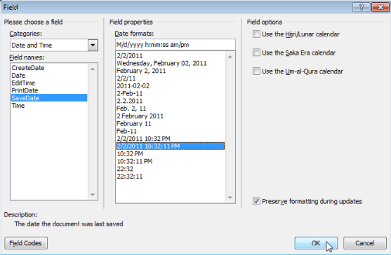 Viewing and Inserting the Date a Document was Last Modified in a Word Document