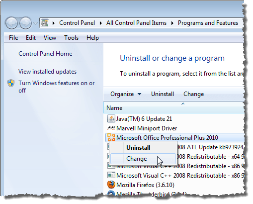 Changing the Microsoft Office installation