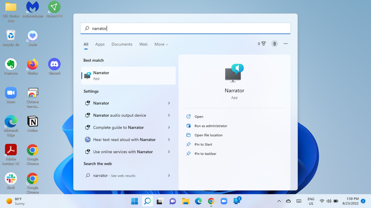 A screenshot of the search bar open in Windows 11 with Narrator typed in.