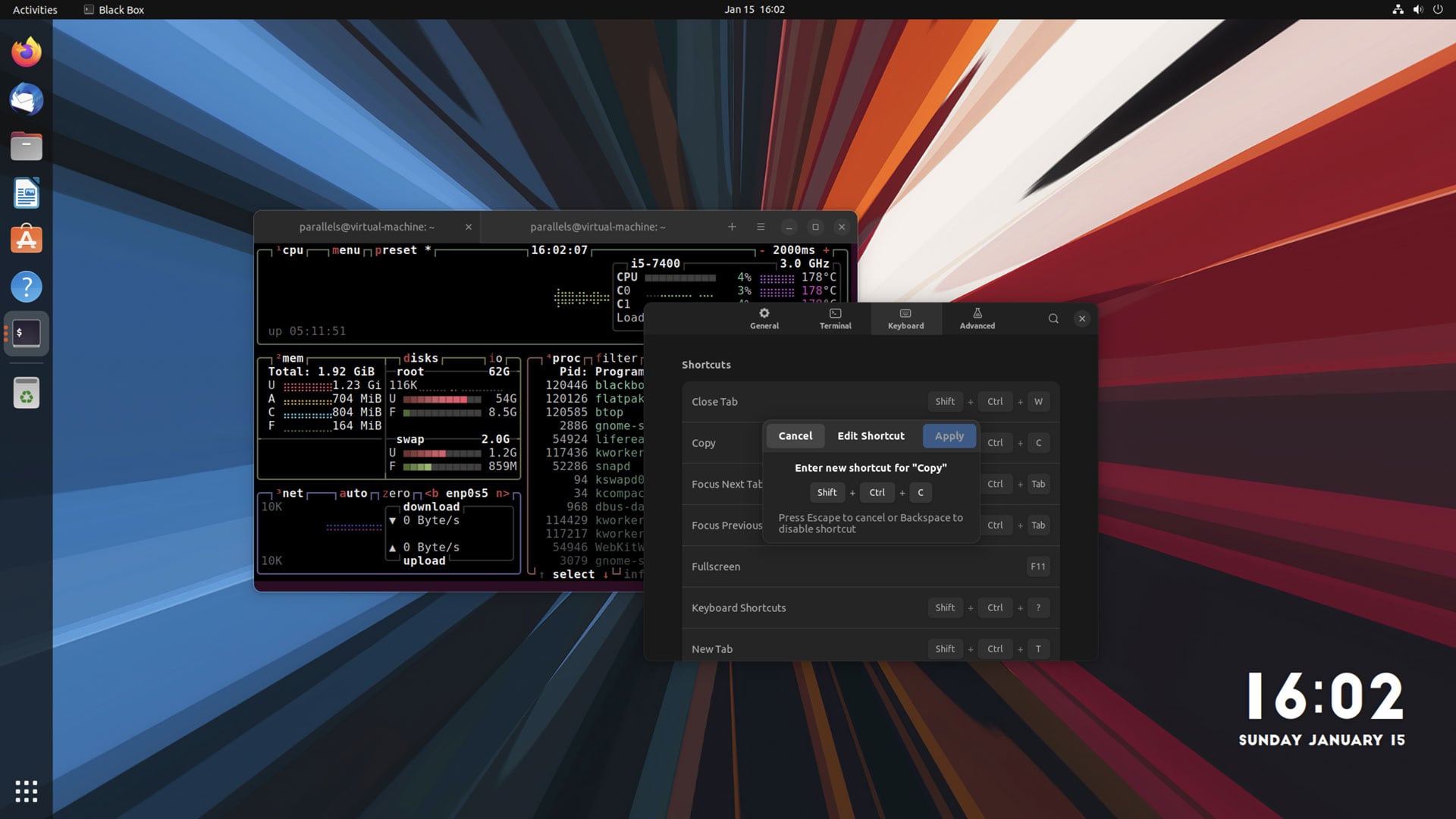 customisable keyboard shortcuts in Black Box gtk4 terminal app