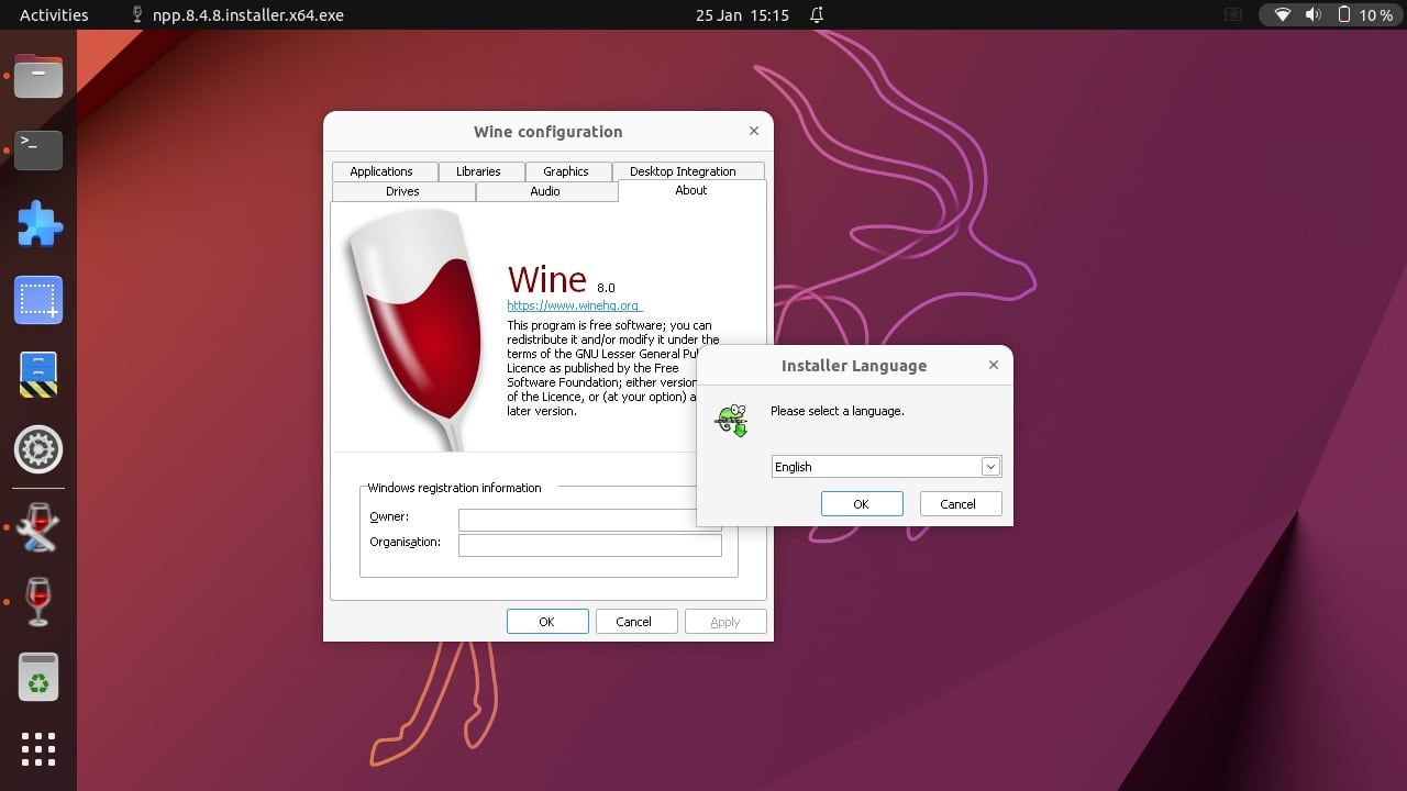 A screenshot of the Wine 8.0 configuration window showing the new light mode, taken on Ubuntu 22.10