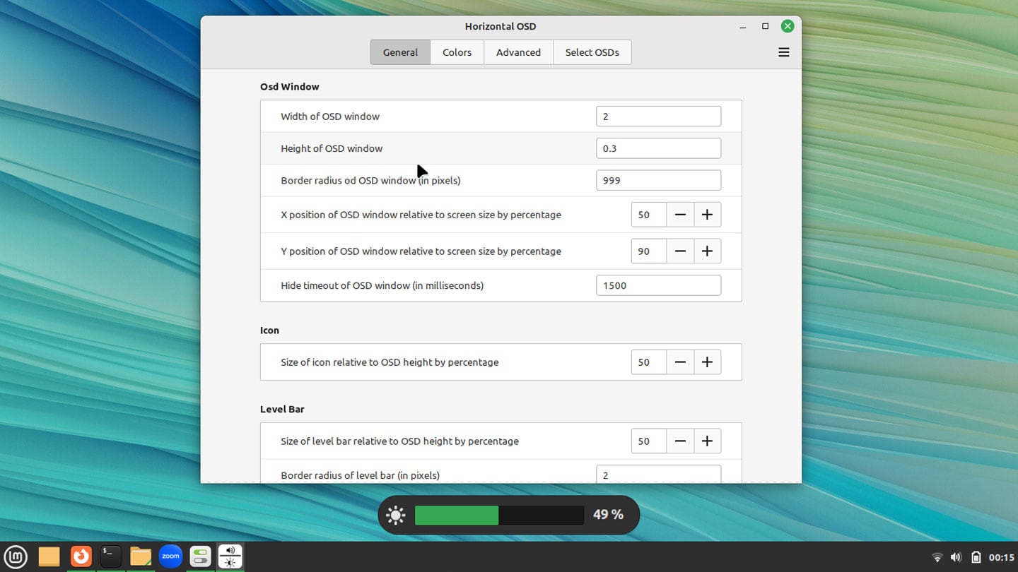 linux mint horizontal OSD extension's settings