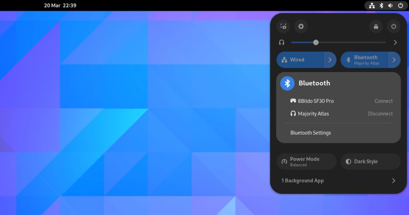 quick settings menu showing the bluetooth sub menu in GNOME 44