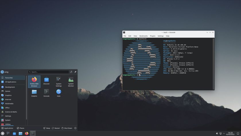 a screenshot of the KDE Plasma 5.27 desktop being used on Kubuntu 22.10. the kick off menu and konsole terminal app are open