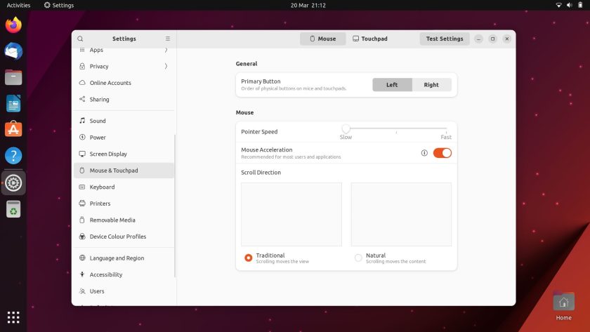 screenshot of mouse & touchpad settings panel in ubuntu 23.04