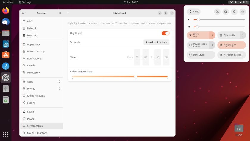 night light settings in ubuntu 23.04