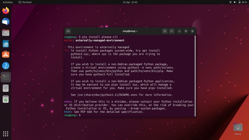 screenshot of a pip install error returned on Ubuntu 23.04 about externally managed environment