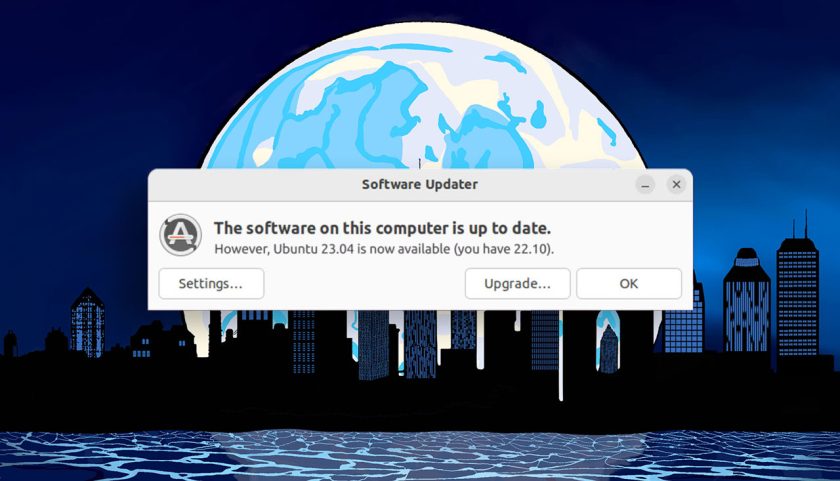 software updater showing the upgrade prompt for ubuntu 23.04