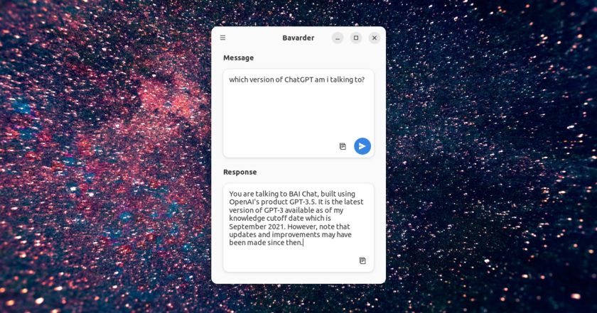screenshot of Bavarder a ChatGPT app for Linux running on Ubuntu