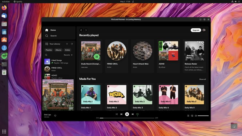 screenshot of the Spotify redesigned desktop client in 2023 running on the Ubuntu 23.04 desktop