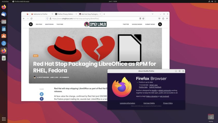 Firefox 114 running like a champ on Ubuntu 23.04