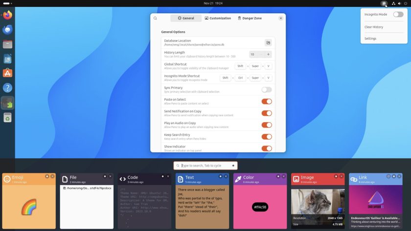 Pano clipboard manager running on Ubuntu 23.10