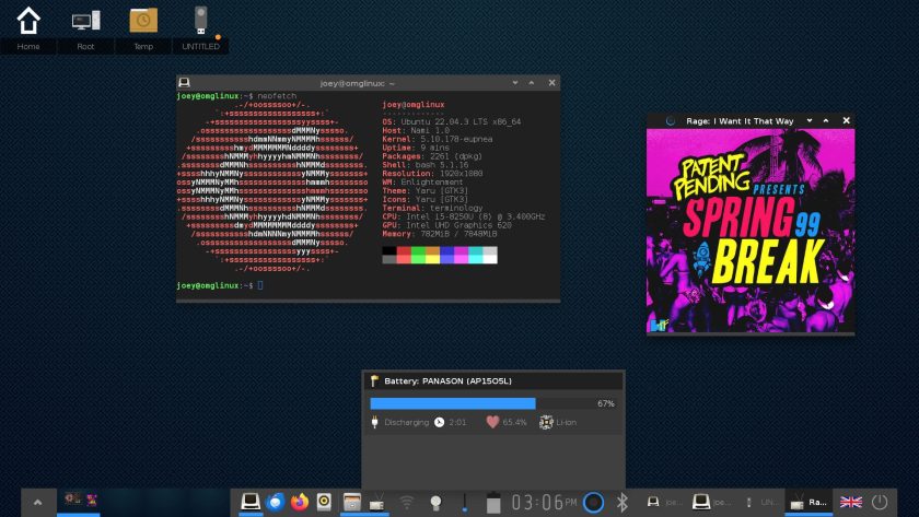 Enlightenment desktop 0.26 screenshot showing neofetch, the Rage media player, and battery module