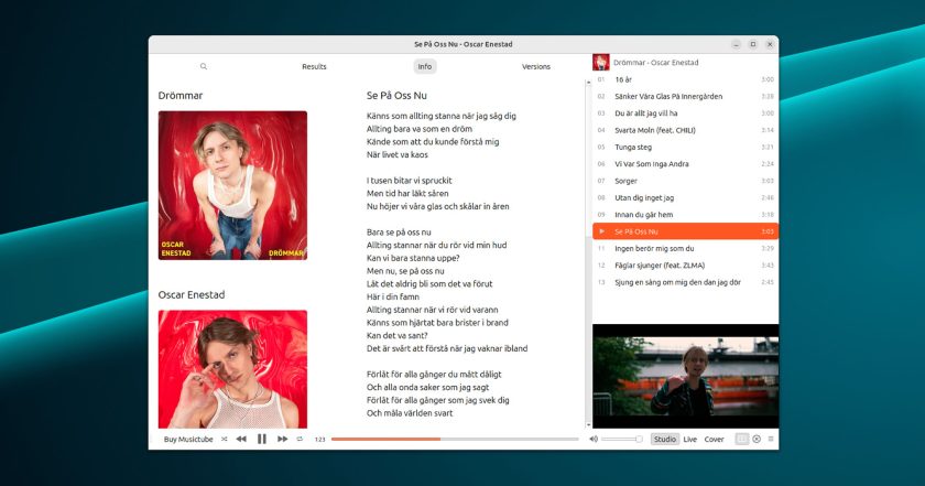 Musictube 2 showing info panel with song lyrics for currently playing song